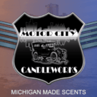 Motor City Candleworks shield on red/blue background of Detroit skyline