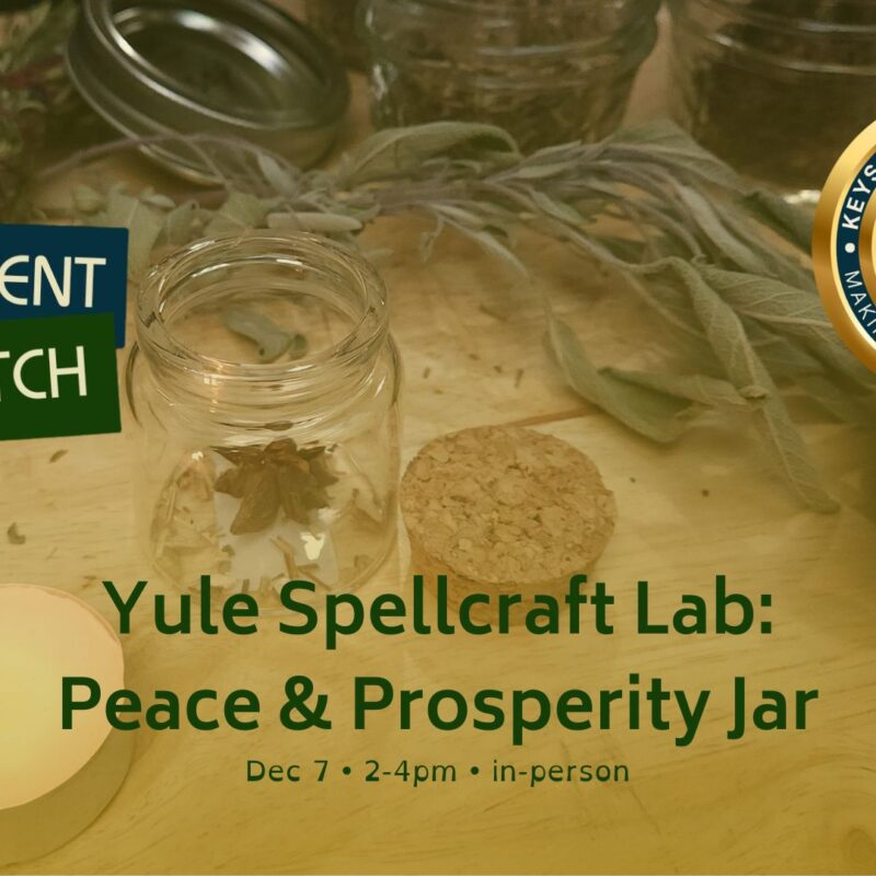 Spellcraft Lab graphic showing jars, herbs, a tealight, and crystals on a wooden altar