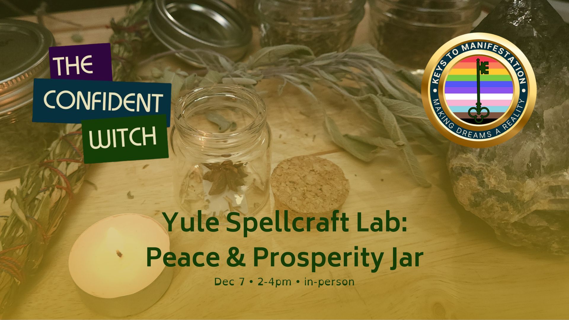 Spellcraft Lab graphic showing jars, herbs, a tealight, and crystals on a wooden altar