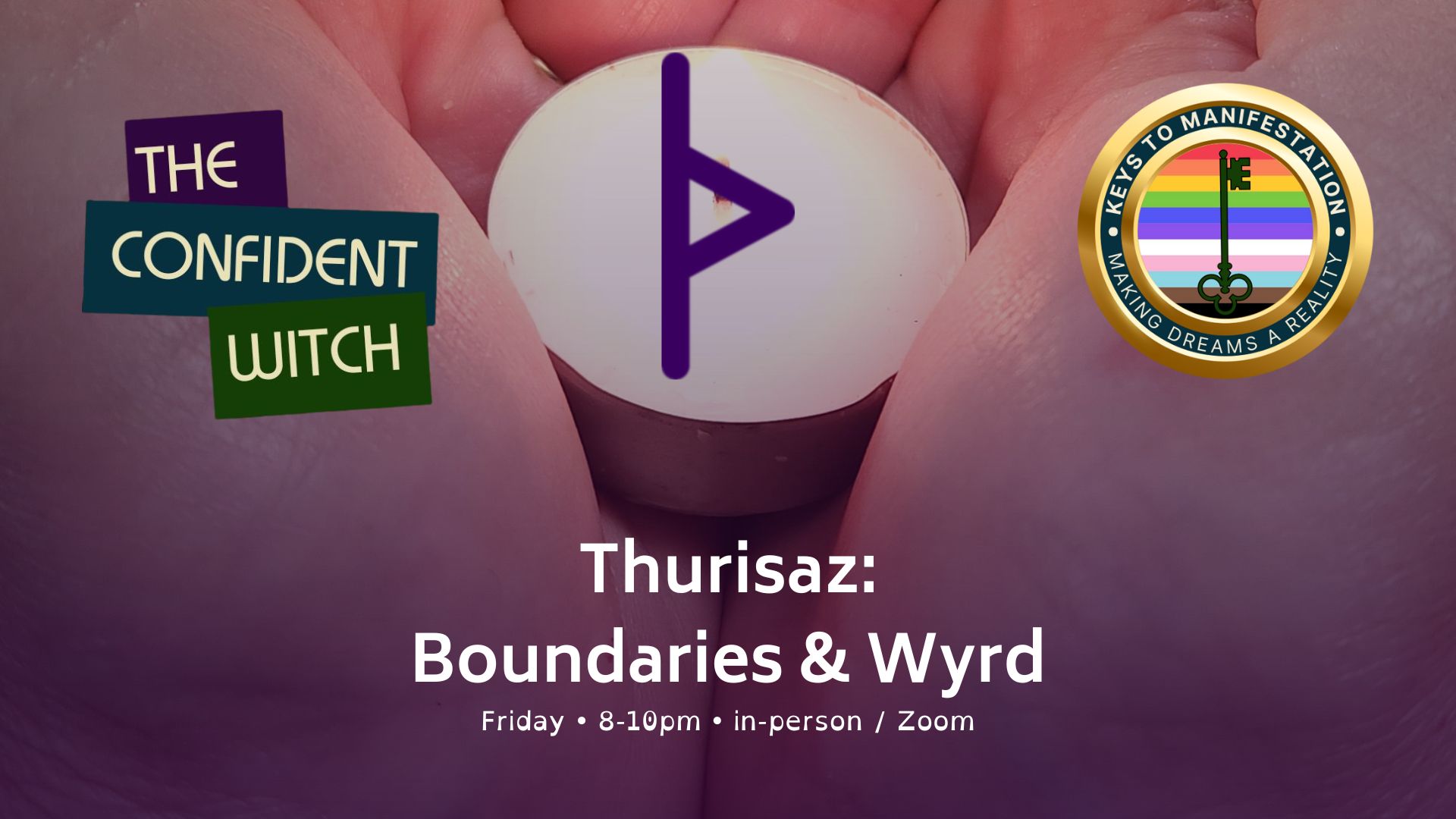 Hands cupping a glowing tealight candle with the Thurisaz rune over the flame